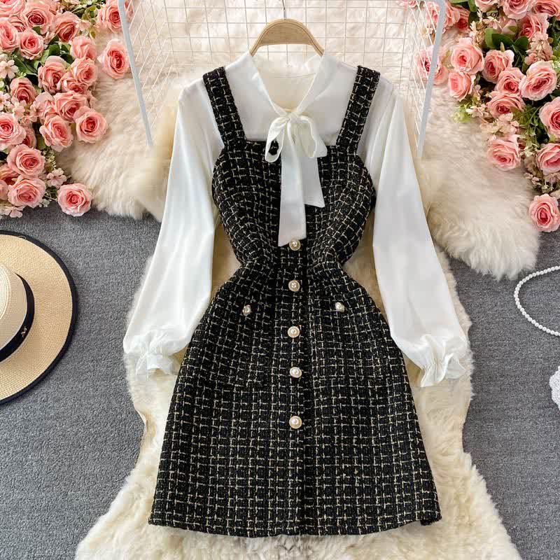 Elegant Plaid Slip Dress Lace Up Shirt Set