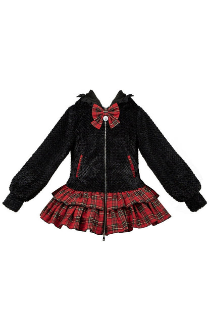 Night Cat Plaid Hooded Sweet Lolita Skirt Coat - Noir