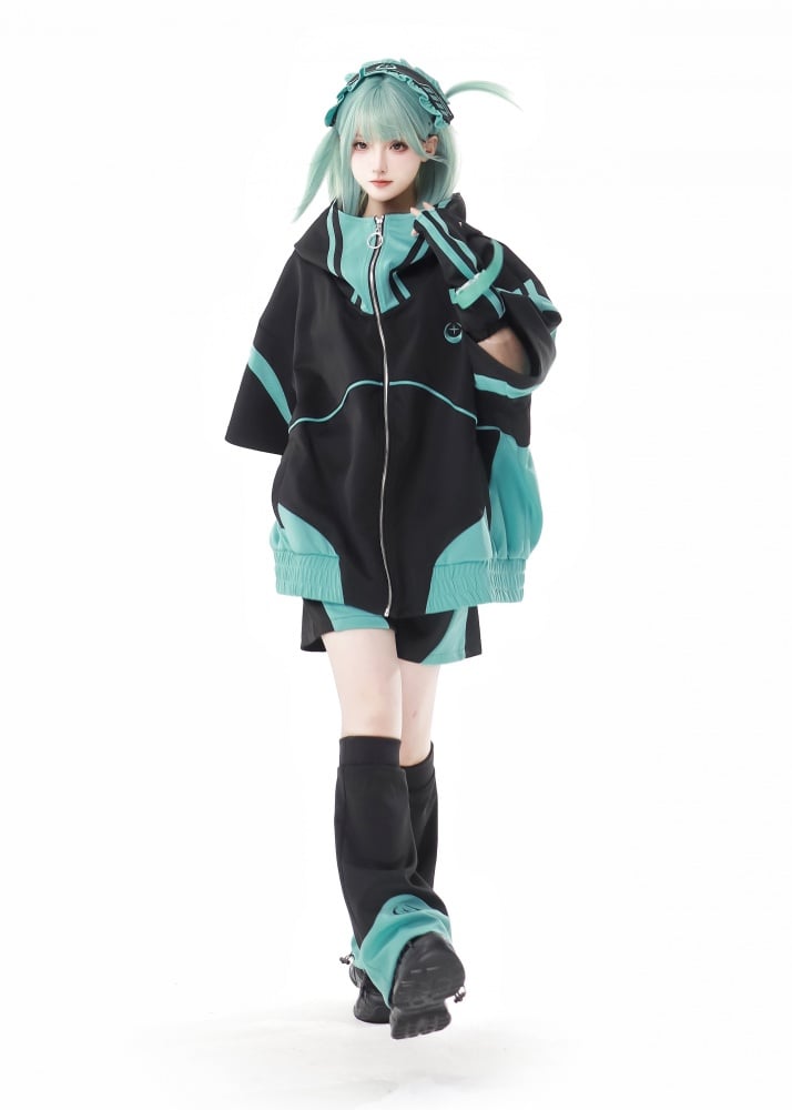 Black&Green Colorblock Zip Hoodie Jirai Kei Sweatshirt