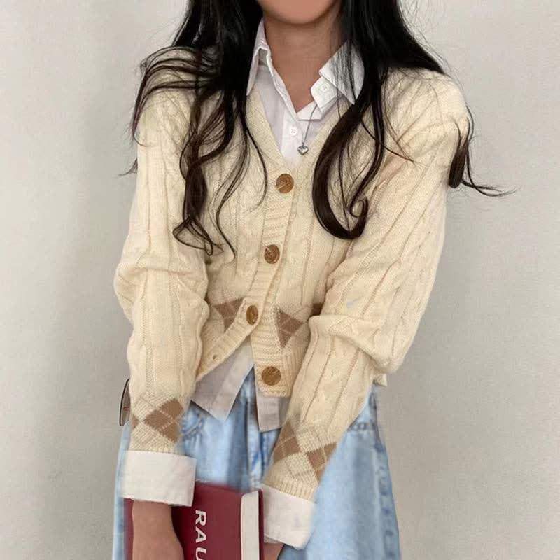 Rhombus Pants Shirt Sweater Set Print Denim Lapel