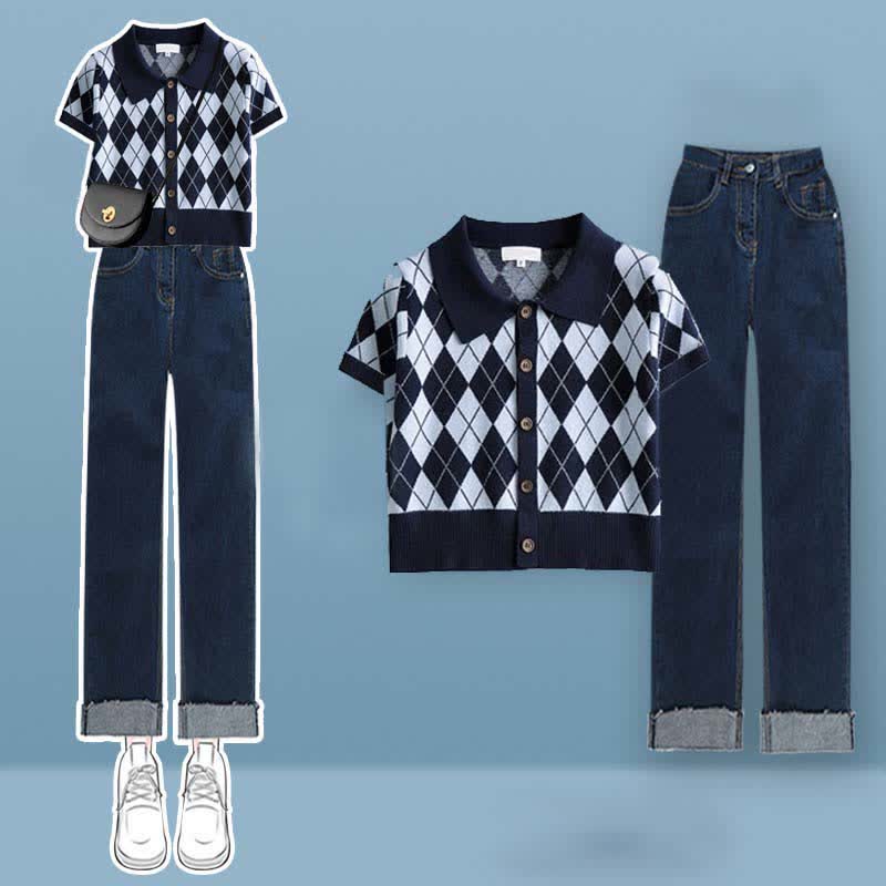 Rhombus Crop Top Set Pattern T-Shirt Pants Denim