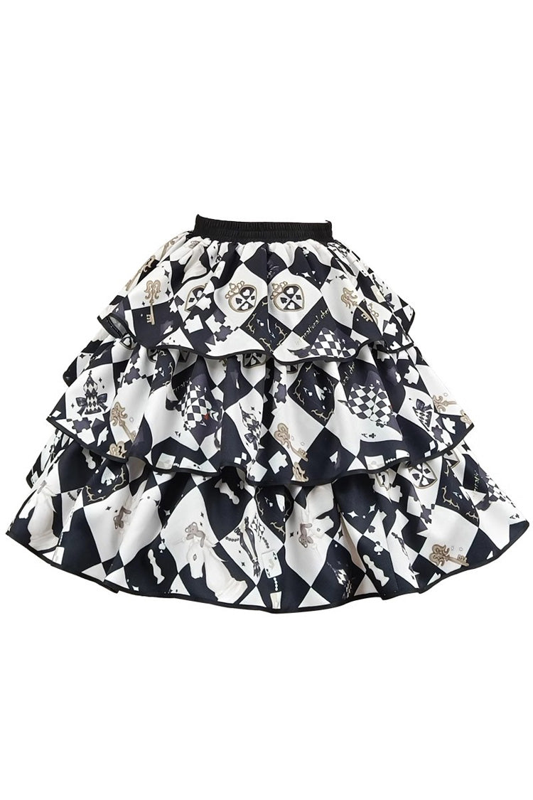 Black White Board Games Triple-Layer Print Ruffle Vintage Lolita Skirt