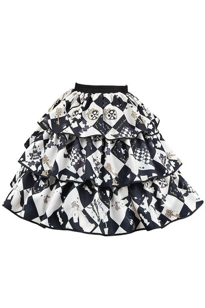 Black White Board Games Triple-Layer Print Ruffle Vintage Lolita Skirt