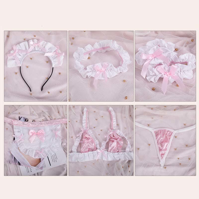 Lingerie bikini ajourée en dentelle avec nœud papillon Pink Maid