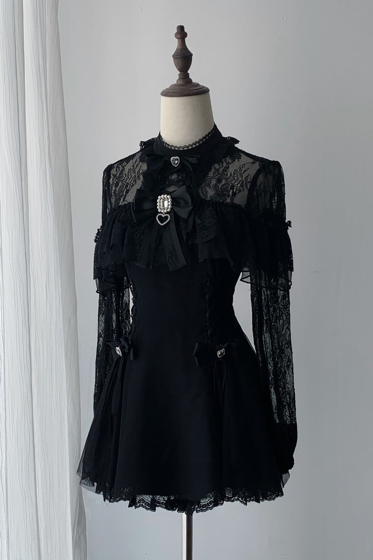 Lace Doll Round Collar Long Sleeves Ruffled Cut-Out Embroidered Bow Lace Gothic Jirai Kei Japanese Dress