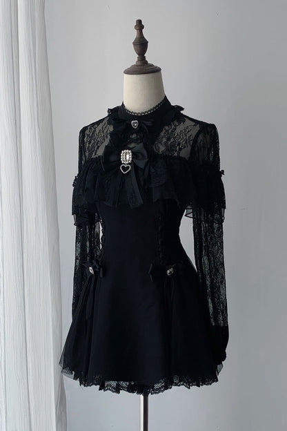 Lace Doll Round Collar Long Sleeves Ruffled Cut-Out Embroidered Bow Lace Gothic Jirai Kei Japanese Dress