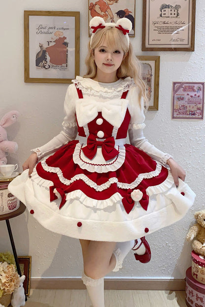 Sweet Lolita Cream Snow Cat Winter Ruffle Bowknot JSK Dress