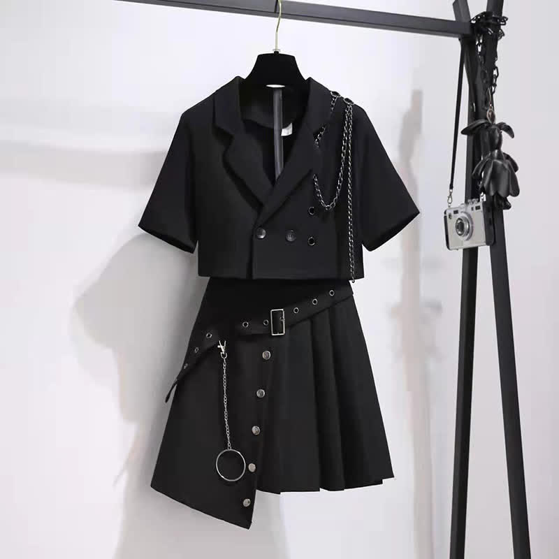 Black Chain Lapel Crop Blazer Irregular Belted Pleated Skirt