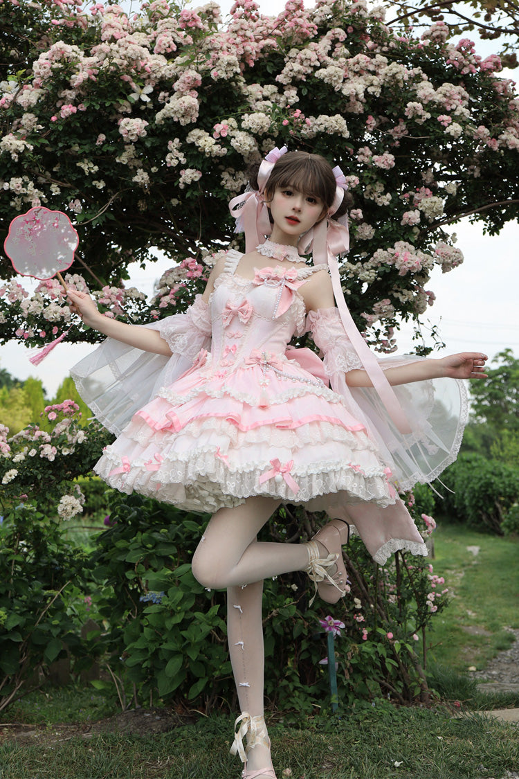Rose Cherry Prelude Square Neck Sleeveless Layered Ruffled Bow Lace Embellished JSK Gown