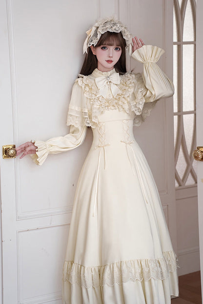Stand Collar Gothic Dress with Long Sleeves and Lace-Up Ruffled Bow - Letters & Poems · Day and Night