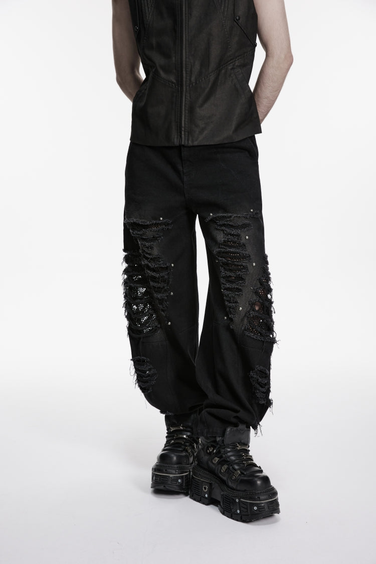 Ripped Studded Zippered Eyelet Mesh Black Punk Pants Men's