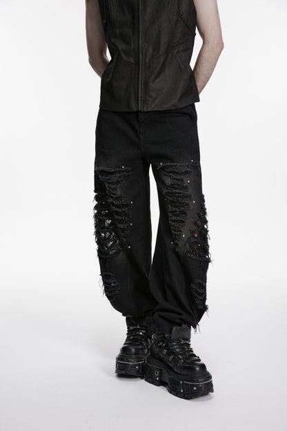 Ripped Studded Zippered Eyelet Mesh Black Punk Pants Men's
