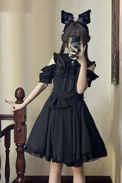 Midnight Bow-Trimmed Off-Shoulder Gothic Jumper Dress