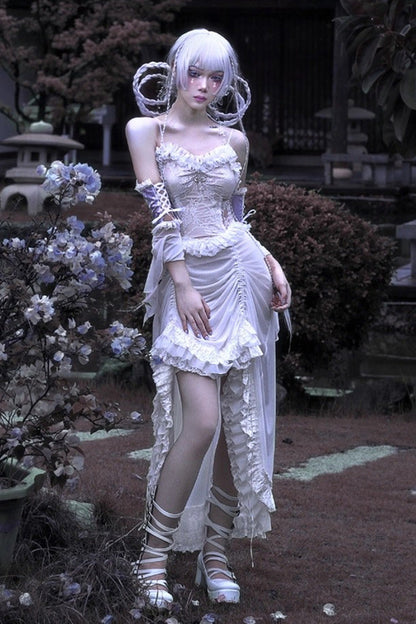 Drawstring Gothic JSK Dress with Ruffled Embroidery and Pleated Lace - Redemption of the Deity