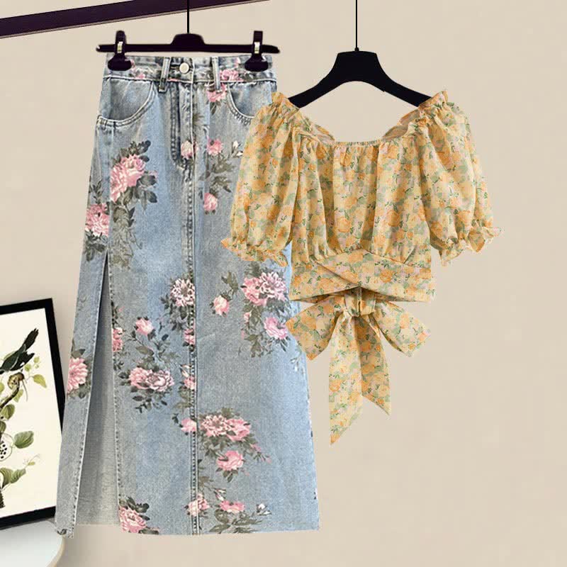 Floral Print Puff Sleeve T-Shirt Split Denim Skirt