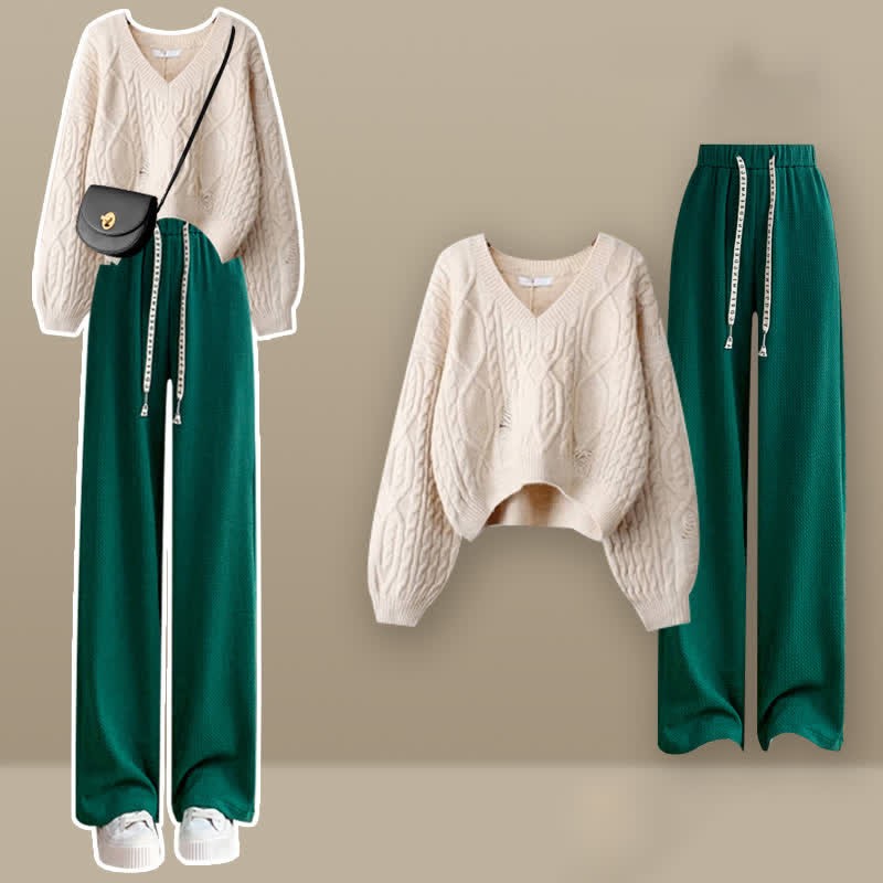Pieces Knit Pants Two Casual V-neck Sweater Cable