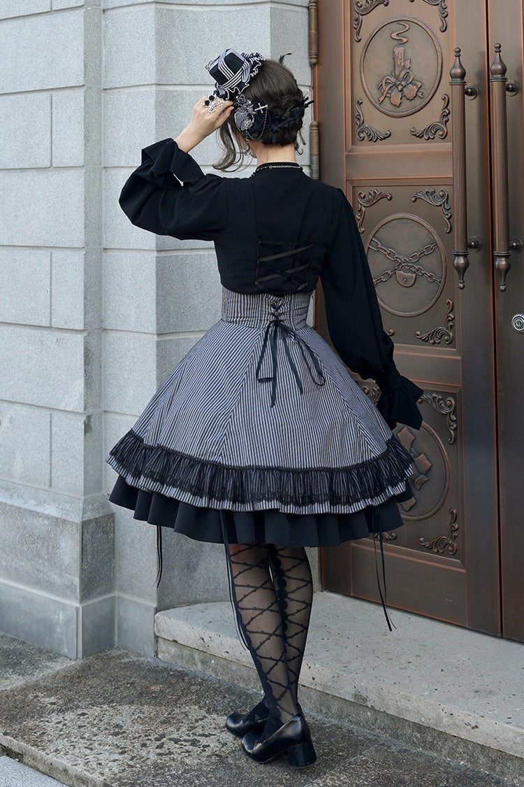Black Point Manor Multi-Striped Print Ruffled Bow Hem Gothic Lolita Skirt
