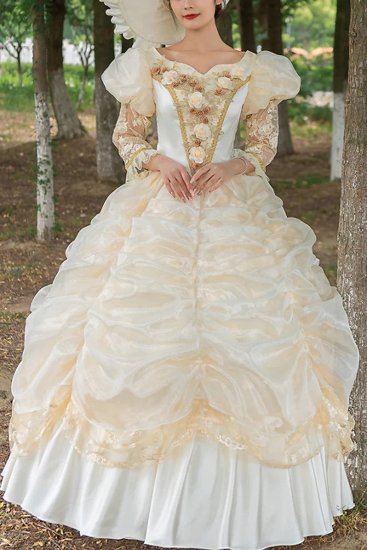 Medieval Embroidery Vintage Gown in Champagne