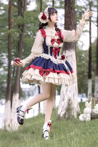 Snow White Multicolor Triple Ruffle Bow Sweet Lolita Dress