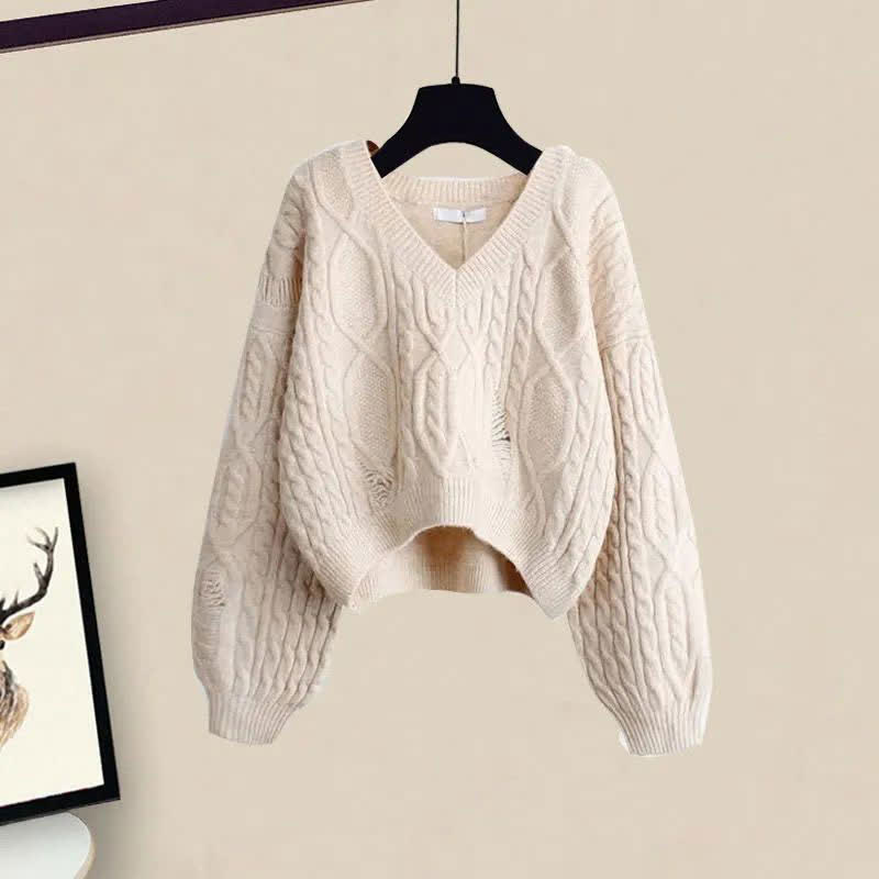 Cable Set Sweater Slip Irregular Up Knit Dress Lace