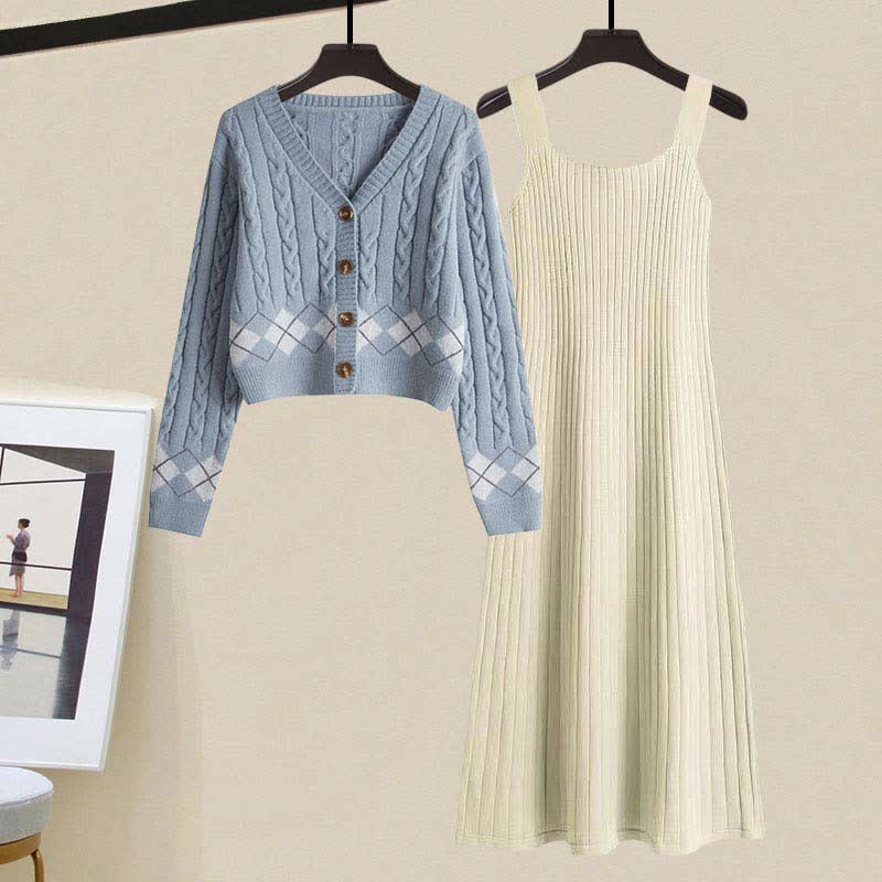 Sweater Slip Dress Rhombus Set Print Cardigan