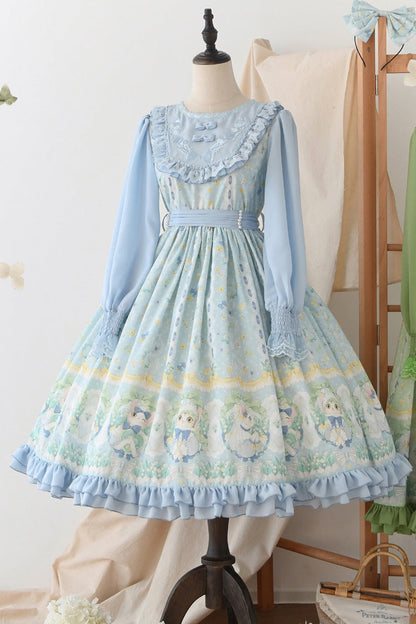Printed Ruffled Embroidered Bow Sweet Lolita Dress