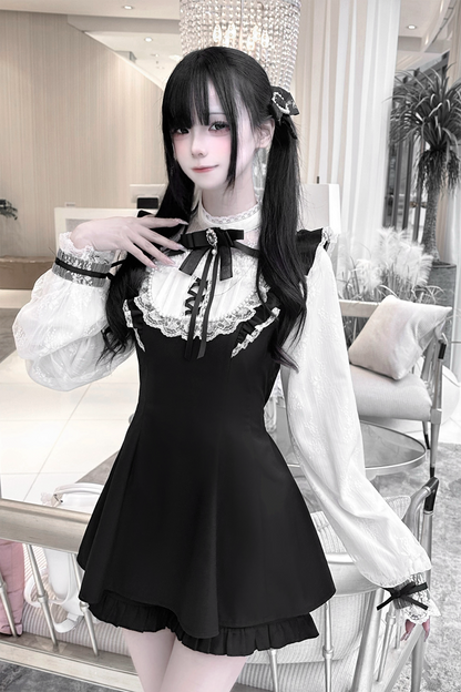 Print Bowknot Lace Gothic Jirai Kei Dress Set