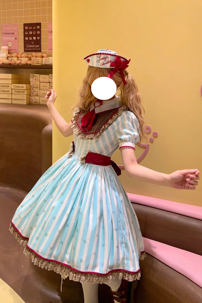 Emerald Jenny's Chocolate Short Sleeves Vertical Stripes Print Ruffle Bow Sweet Lolita Dress