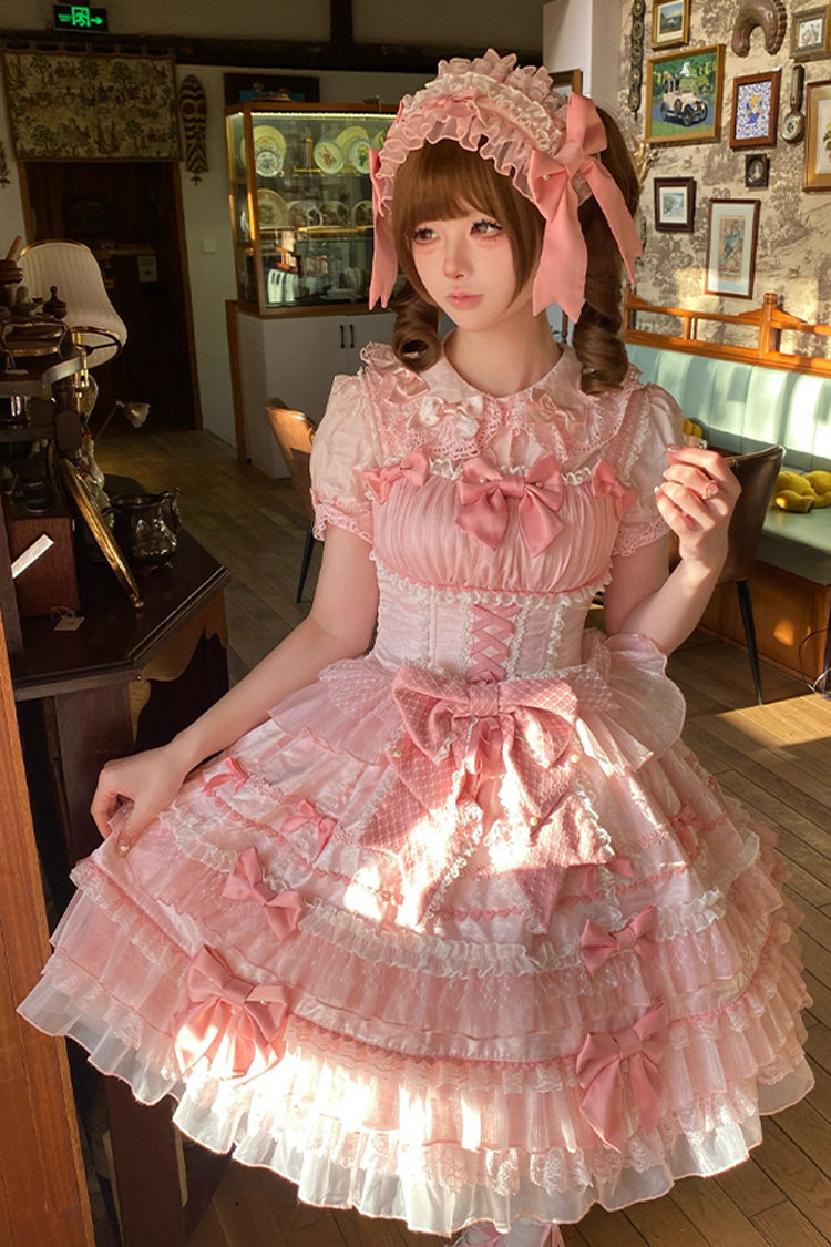 Pink Multi-Tier Ruffle Bow Lace Sweet Gorgeous Lolita Jumper - Little Lovetine