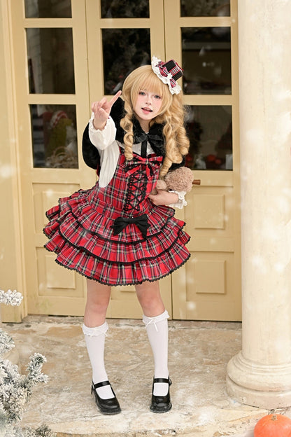 Velvet Cake Printed Ruffled Bow Lace-Up Gothic Elegant Lolita JSK