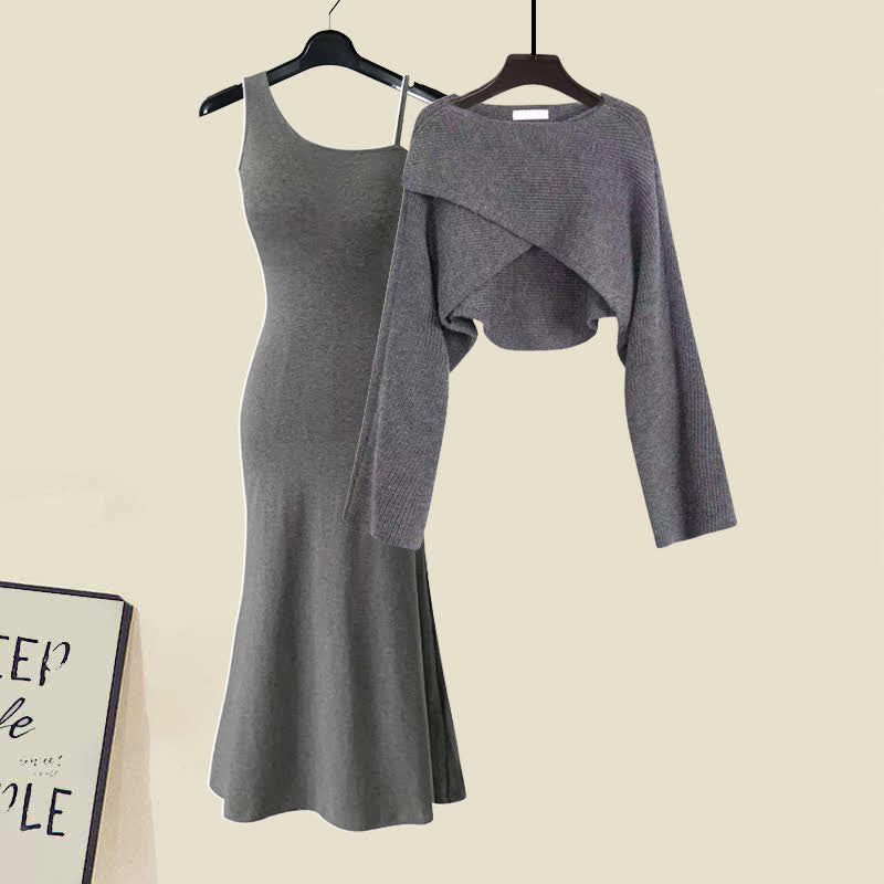 Grey Knitted Sweater Irregular Fishtail Slim Slip Dress