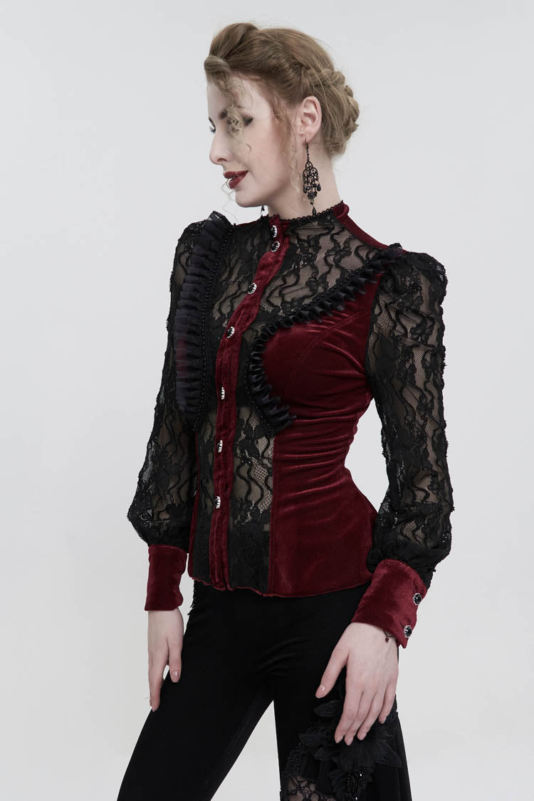 Velvet High Neck Lace Fake Bra Design Butterfly Mesh Gothic Shirt