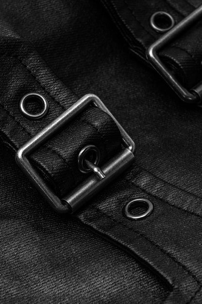 Men's Steampunk Pants with Metal Buckle and Side Zipper in Black Faux Leather