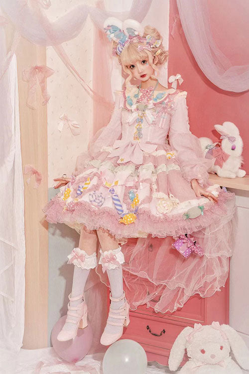Pink JSK Dress Sweet Lolita Lace Long Sleeves Bowknot Ruffled - Altfashion Shop