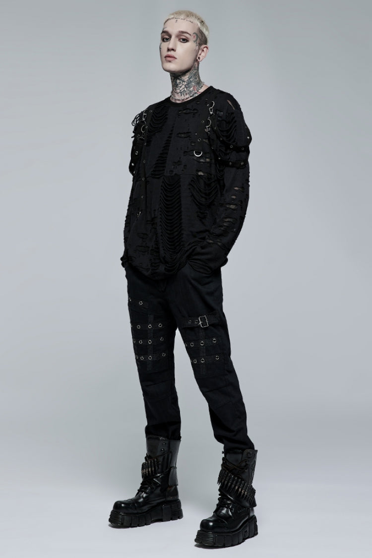 Steampunk Men's Trousers with Faux Leather Stitching and Metal Buttonhole