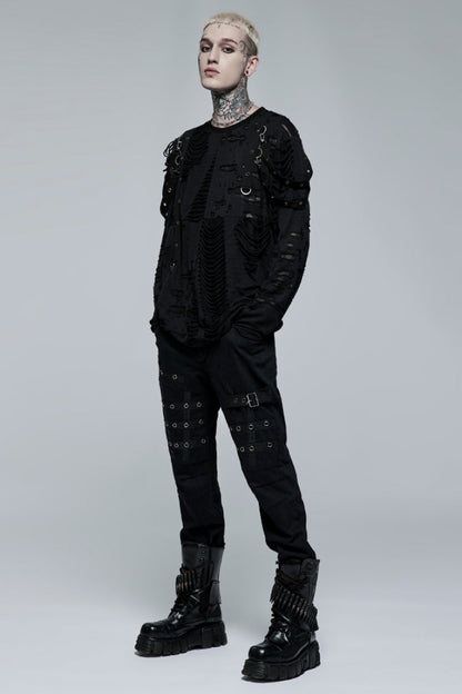 Steampunk Men's Trousers with Faux Leather Stitching and Metal Buttonhole