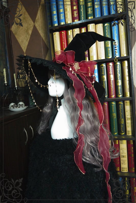 Halloween Dark Fancy Shiny Veil and Stars Chain Witch Hat