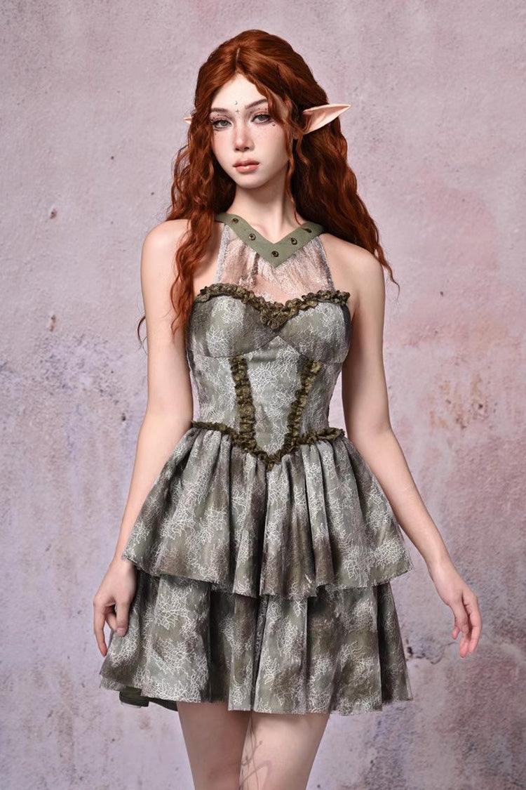 Light Green Halterneck Double-Layer Print Ruffle Lace Tie-Dye Vintage JSK Dress