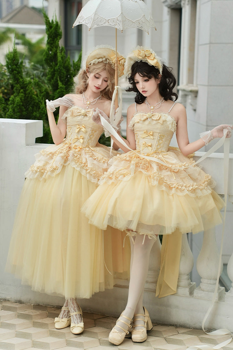 Sissi's Pilgrimage Off Shoulder Ruffle Bow Lace Sweet Lolita Long Skirt in Yellow