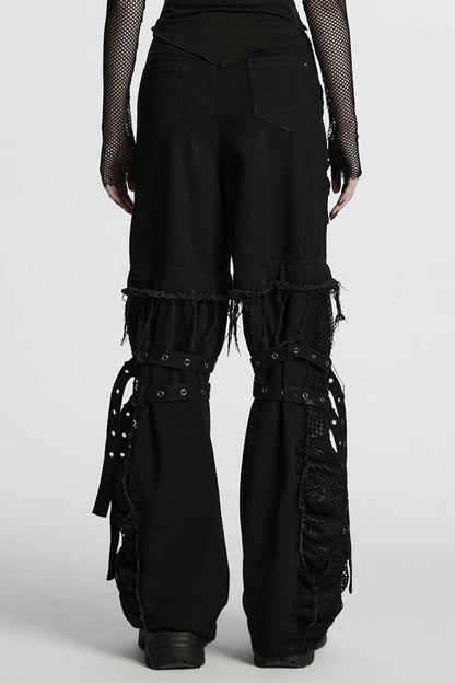 Detachable Punk Pants with Unfinished Edges and Mesh