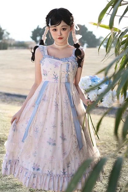 Elegant Floral Wall Print Sweet Lolita Gown with Ruffles