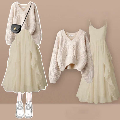 Elegant Knit Flouncing Slip Set Dress Cable Sweater