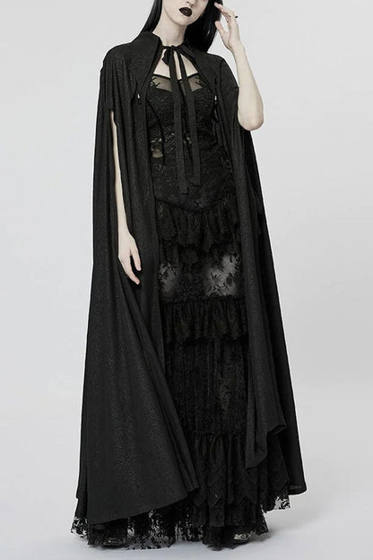 Lace Jacquard Gothic Cape with Lapel Collar and Mesh Details