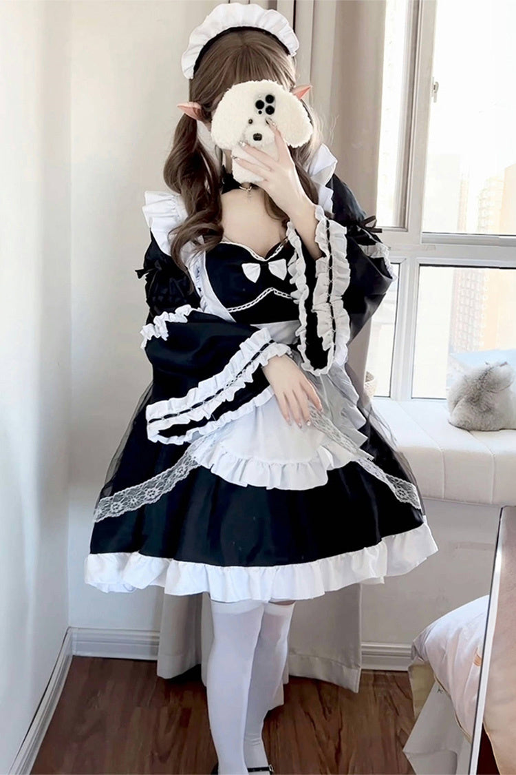 Black White Maid Long Hime Sleeve Ruffle Bow Sweet Plus Size Lolita Dress Full Set