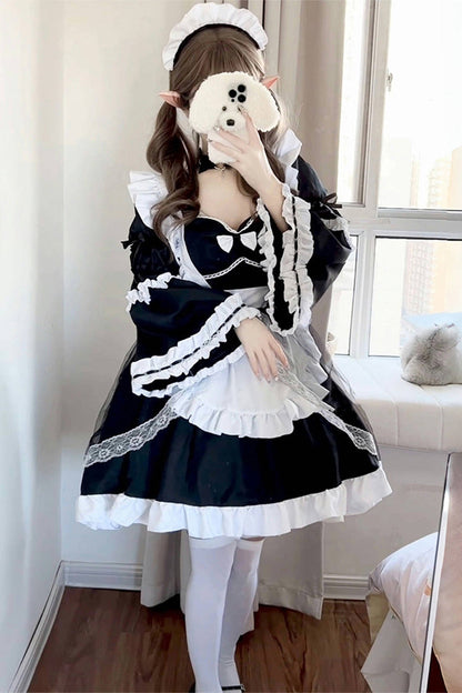 Black White Maid Long Hime Sleeve Ruffle Bow Sweet Plus Size Lolita Dress Full Set