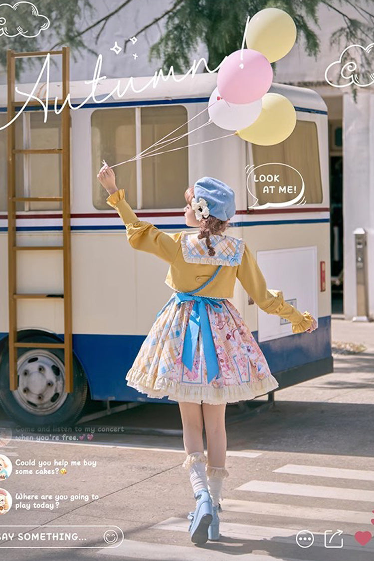Cat Holiday Print Ruffle Bow Two-Piece Illusion Sweet Lolita Gown in Yellow Pink