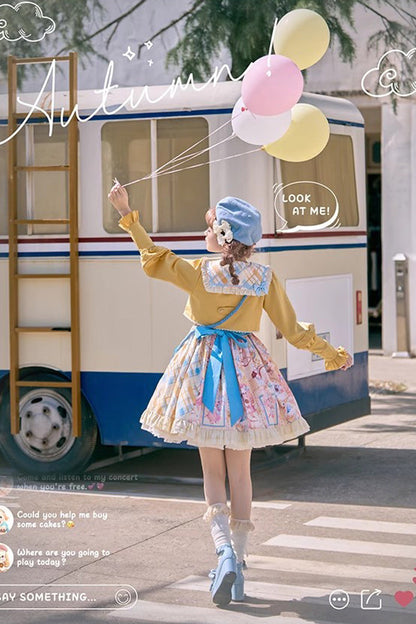 Cat Holiday Print Ruffle Bow Two-Piece Illusion Sweet Lolita Gown in Yellow Pink