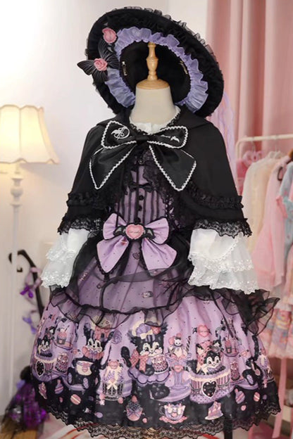 Purple Printed Gothic Lolita JSK Dress with Bowknot Lace and Ruffle