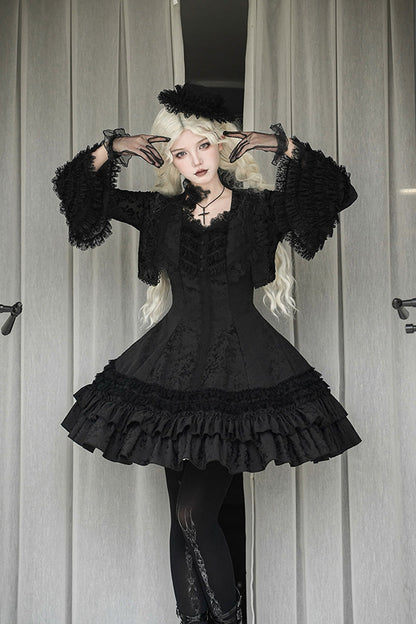 Double-Layered Striped Printed Gothic Jumper Dress with Jacquard Ruffles - Escape