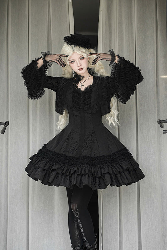 Double-Layered Striped Printed Gothic Jumper Dress with Jacquard Ruffles - Escape